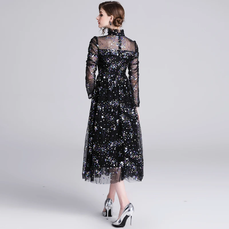 2019 New Women dress Ruffles Full Sleeve Mesh Stand Neck Slim Dresses Black Apricot 6509 | Женская одежда