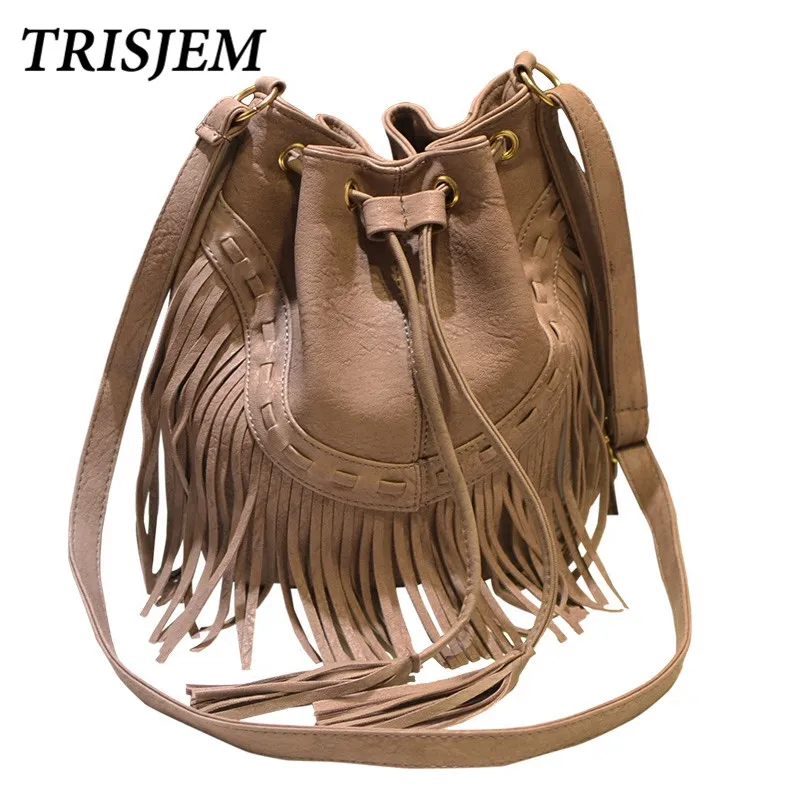 Vintage Tassel Bucket Bag Women 2018 Fashion PU Leather Shoulder Bags Black Brown Pink Gray Female Drawstring Crossbody | Багаж и сумки