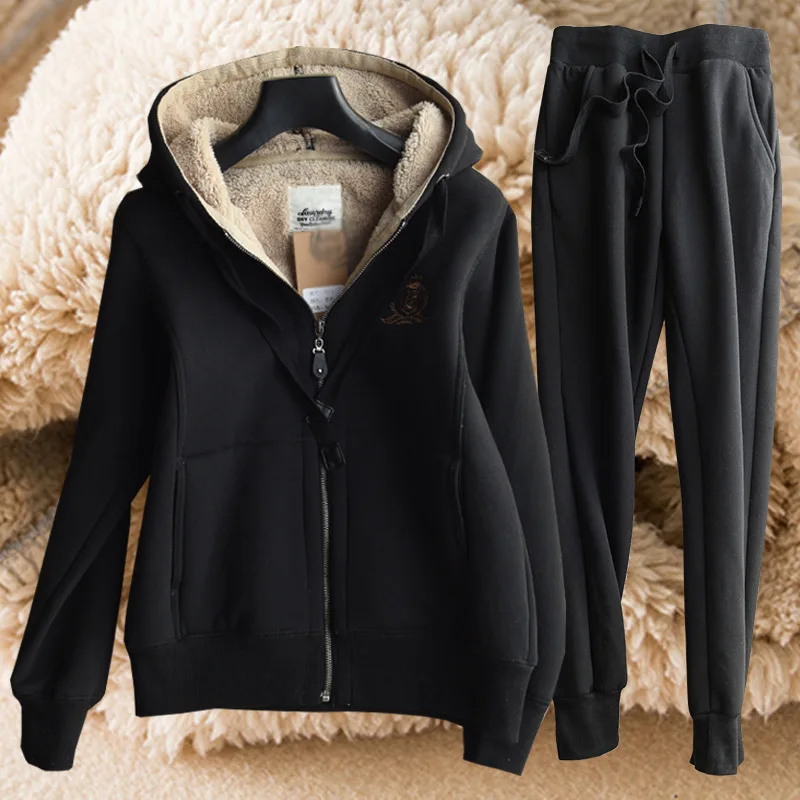 

2020 autumn winter women suits plus cashmere velvet warm thickening hooded sweatshirts coat+pants 2 pieces set suit casual suits