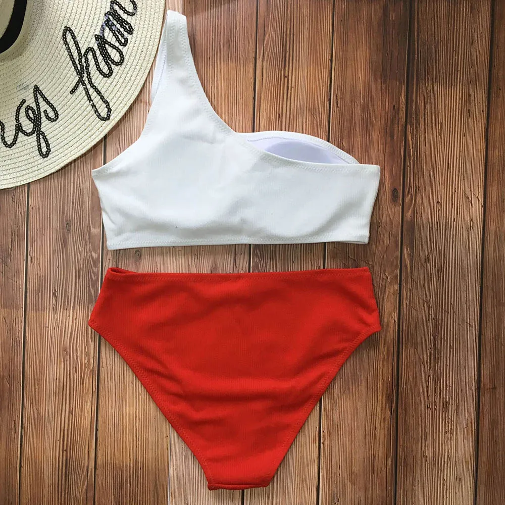 2019 Sexy High Waist Single Pit Cloth Solid Prtchwork Open Back Swimsuit Bikini Set Swimwear Women Bathing Suit Maillot | Женская одежда