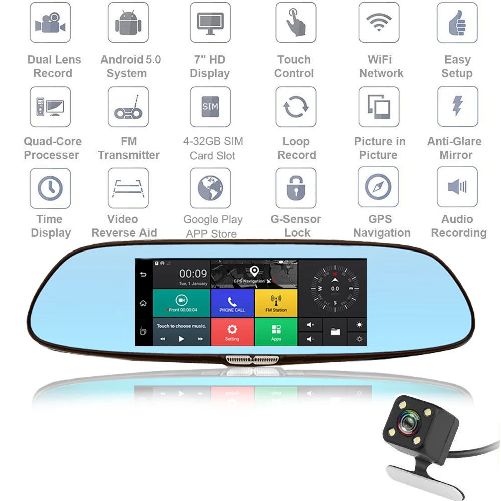 Podofo 7 &quotDash Cam 3g Автомобильный dvr зеркало Android 5 0 gps Bluetooth двойной объектив wifi заднего