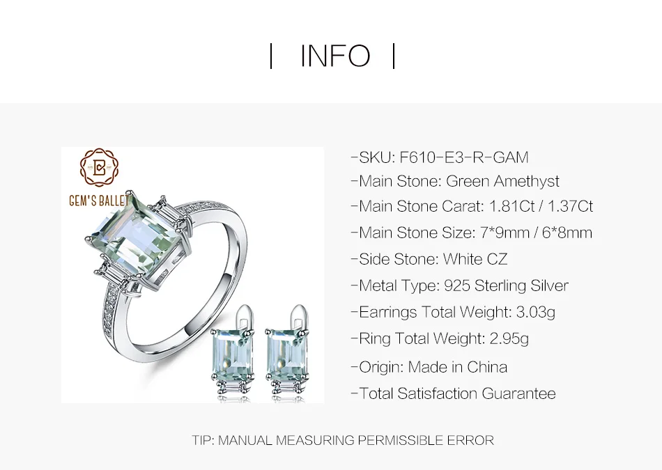 GEM'S балетный 925 пробы, серебряный прямоугольный набор украшений для женщин, натуральные зелёные аметистовые серьги, набор колец, классические ювелирные изделия
