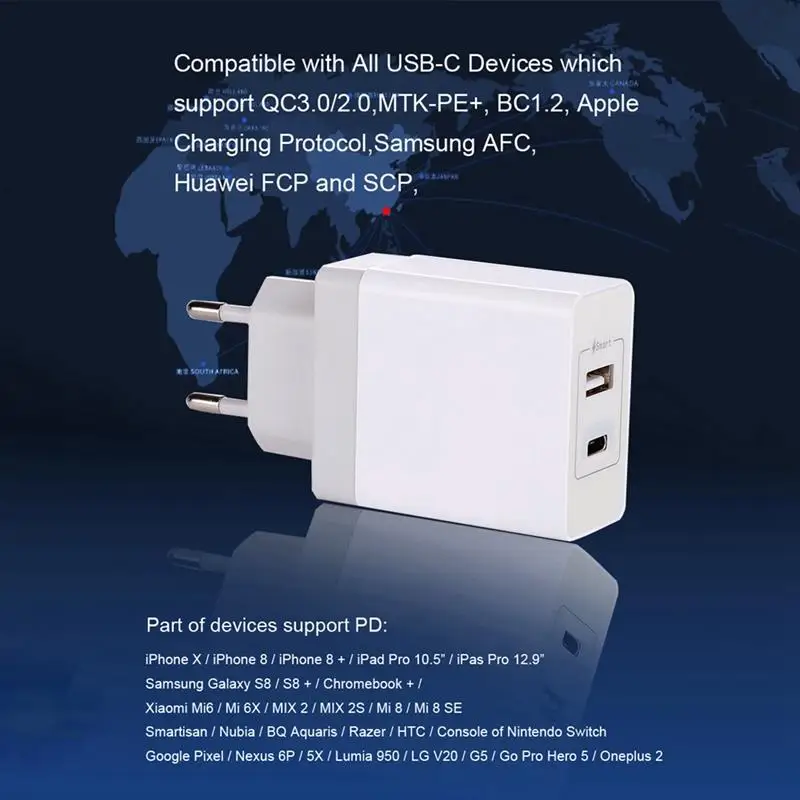 Настенное зарядное устройство Usb Type C быстрое для мобильного телефона Pd Iphone 8 X Samsung
