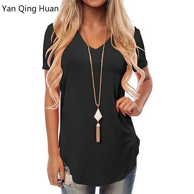 

Yan Qing Huan Summer Hot V-neck Loose Dovetail Short-sleeved T-shirt Women's Solid Color Tees Urban Casual Streetwear Tops