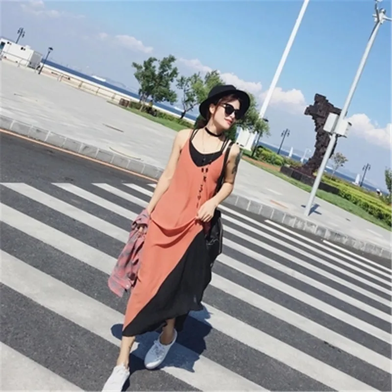 2018 spring dress new temperament loose hem splice Sling long knee Женская одежда