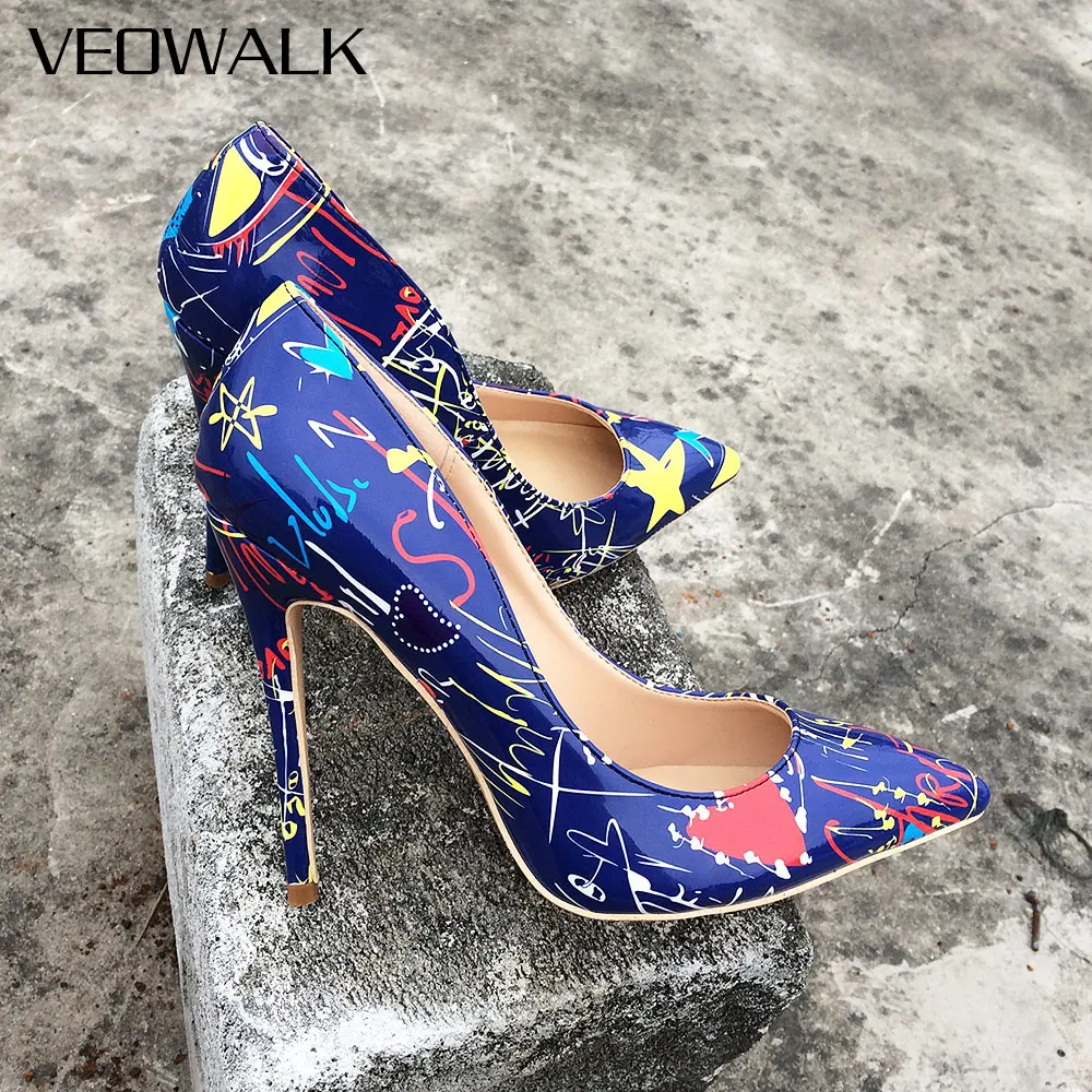 Veowalk/яркие женские туфли-лодочки с художественным граффити; пикантные туфли на высоком каблуке-шпильке; Весенние Свадебные вечерние женские туфли; sapato feminino; Цвет Синий