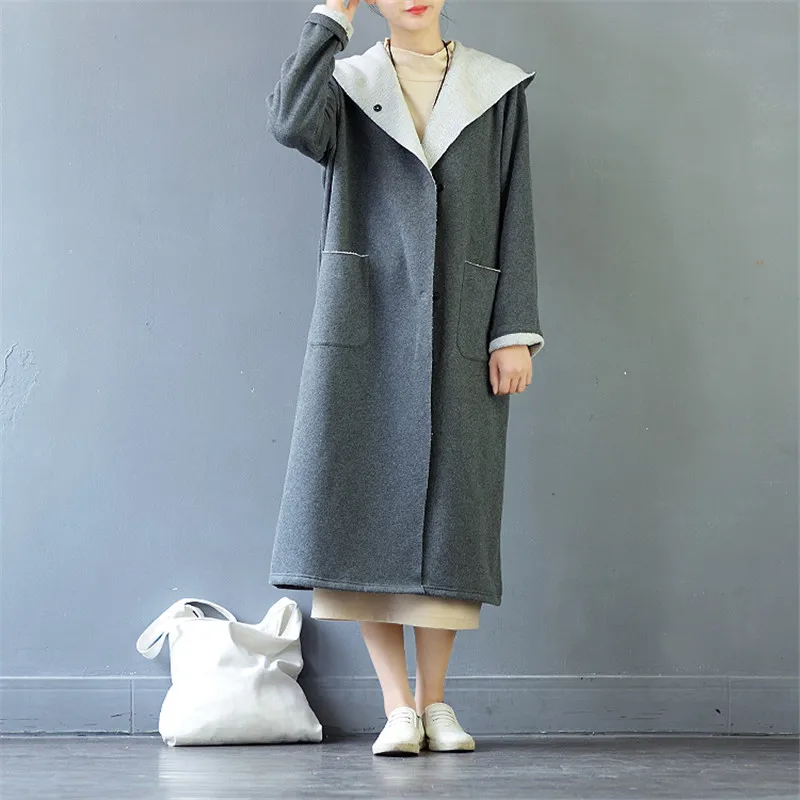 SCUWLINEN, осенне-зимняя женская куртка, одноцветная, винтажная, с капюшоном, на пуговицах, свободная, длинная, утолщенная, хлопок, флис, толстовки S461