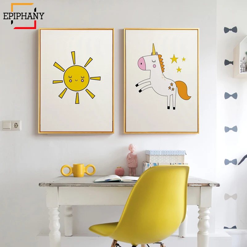 Unicorn Wall Art Baby Nursery Decor Cloud Sun Prints Cute Cartoon Painting Pictures Nordic Minimal for Kids Bedroom | Дом и сад