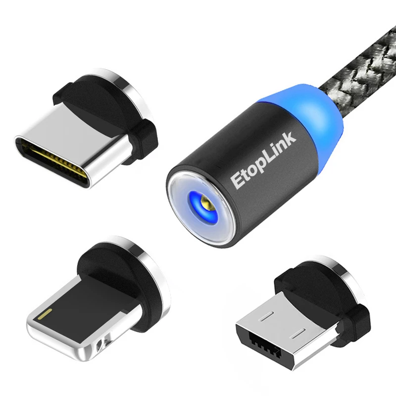 Магнитный кабель EtopLink, зарядный usb-кабель, магнитный нейлоновый зарядный кабель, светодиодный usb-кабель, Micro USB type C, 3 в 1, опционально