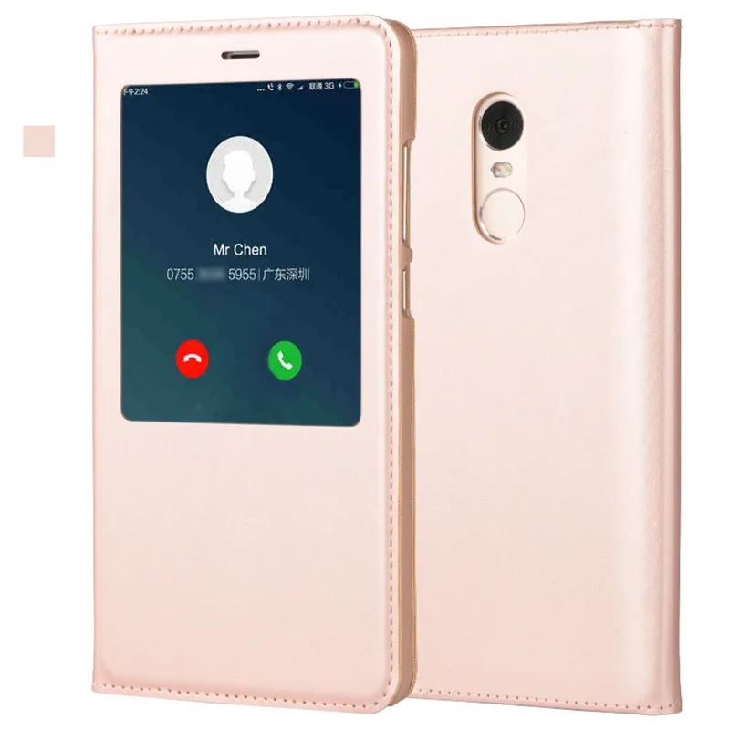rose gold WeeYRN открытое окно PU кожаный флип чехлы чехол на телефон для сяоми ксиоми редми ноут 4х / ноут 4 корпус роскошный вид быстрый ответ крышка для Xiaomi Redmi Note 4x / Note 4 чехол книжка - Цвет: rose gold