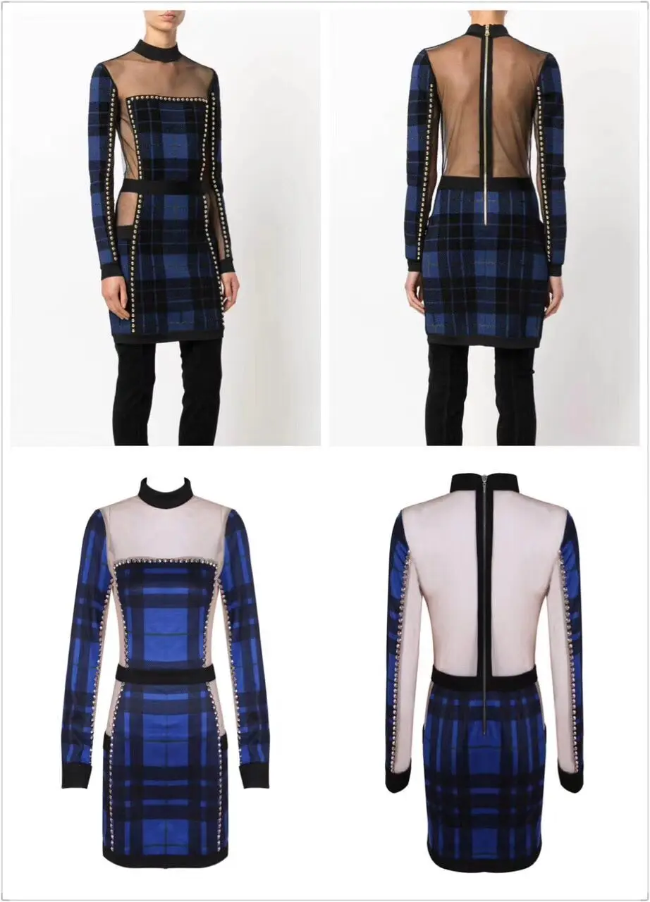 Женское Сетчатое платье с длинным рукавом синее Бандажное Элегантное Вечерние