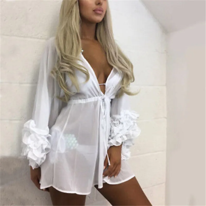 

BEACH Sleeve Pareo Dress Sexy Mesh Women Cover Up Puff Covers Swimwear Suit Tunic Wear Beach Bathing Long Up Summer Robe