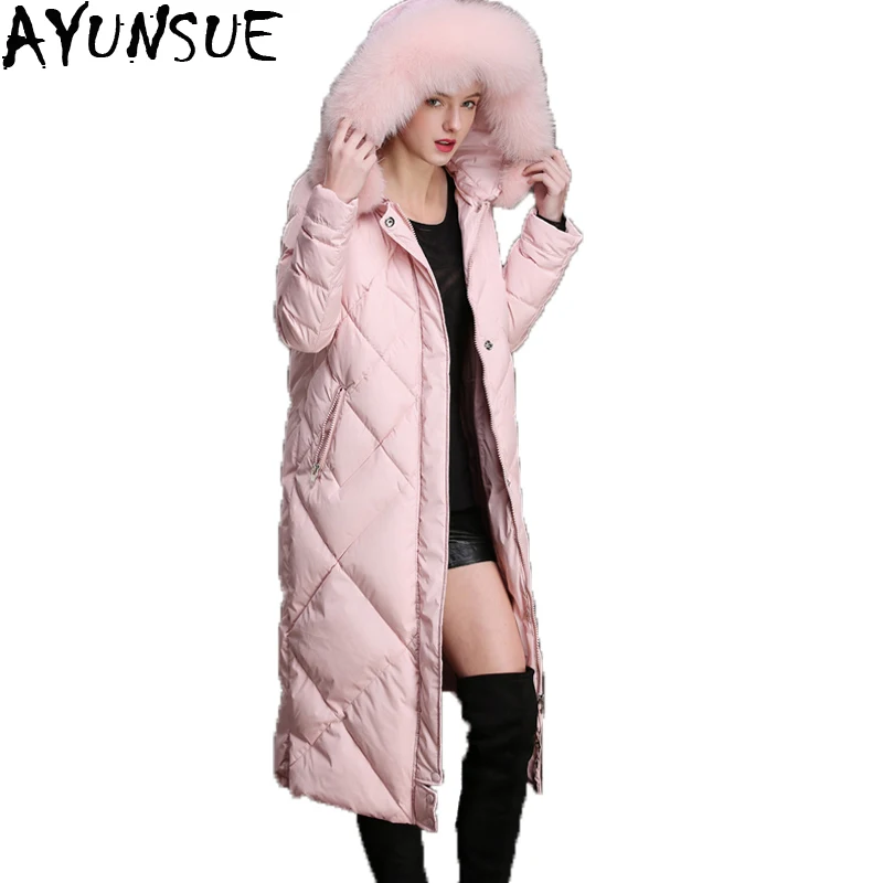 AYUNSUE женская зимняя куртка с широкой талией капюшоном из натурального Лисьего