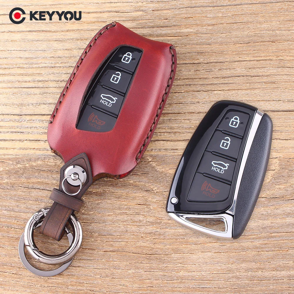 Брелок для ключей KEYYOU 4 кнопки натуральная кожа Hyundai Genesis Santa Fe Equus Azera Solaris Ix35 Ix45