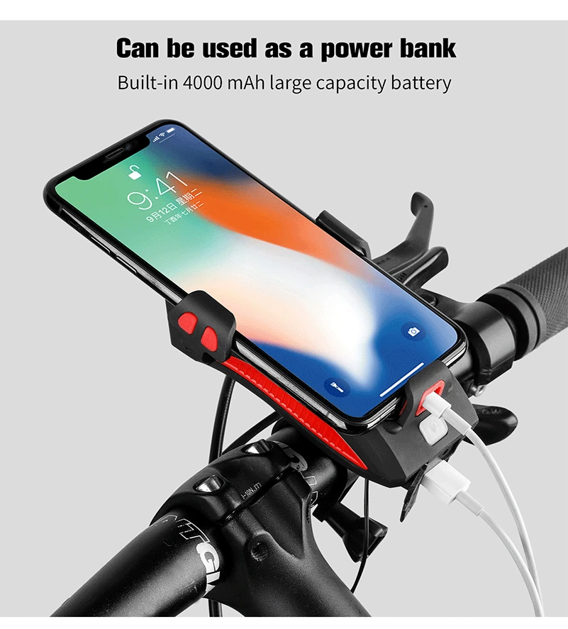 WEST BIKING велосипедный светильник, заряжаемый от USB, флэш-светильник, держатель для телефона, велосипедная лампа 2000/4000 мАч, внешний аккумулятор, велосипедный рожок, светодиодный светильник