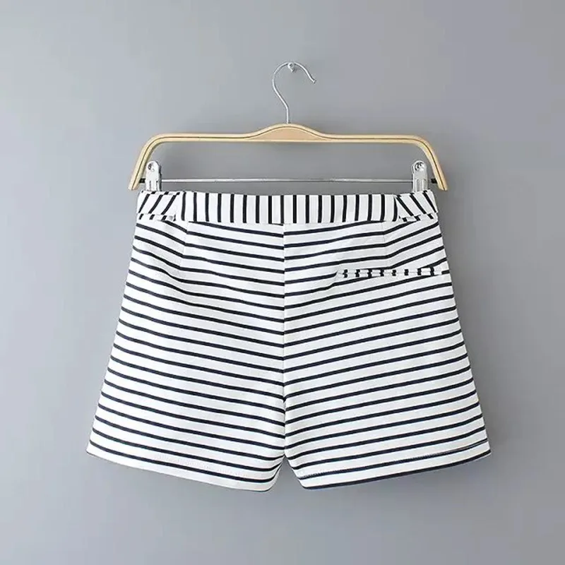 2017 Для женщин мода Бермуды Шорты для эластичный пояс черный в полоску лозы летние