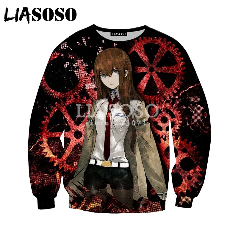 LIASOSO Осень Новые мужские и женские толстовки с 3D принтом аниме steins Gate Толстовка Harajuku топ с длинными рукавами круглый вырез пуловер A045-04