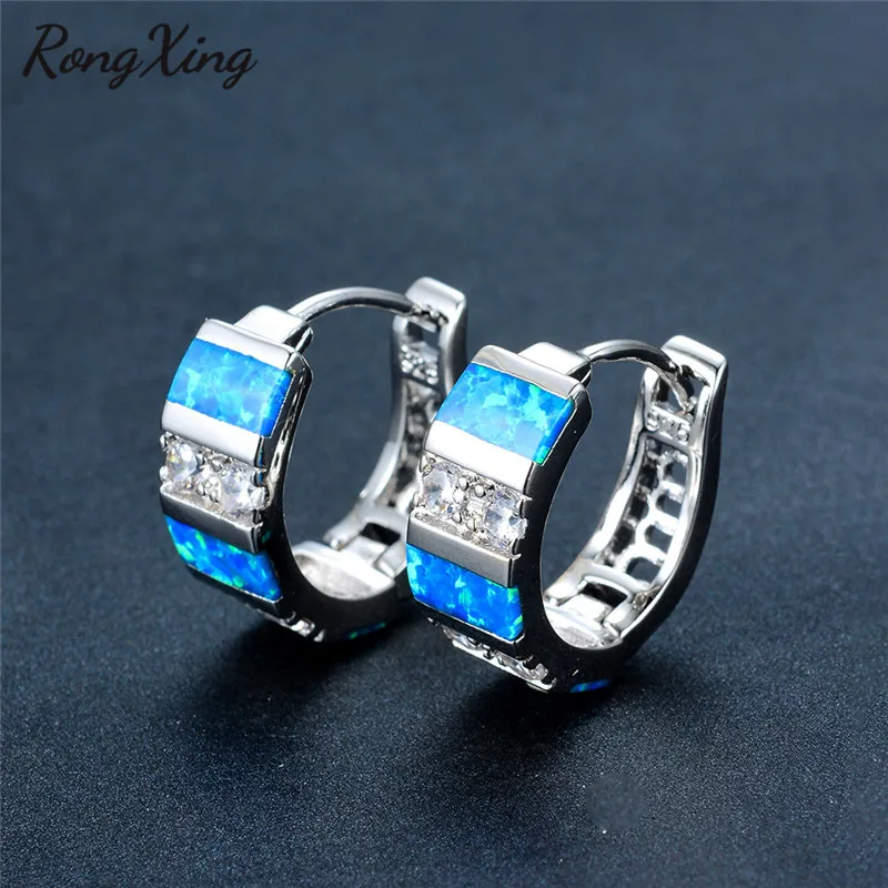 Женские серьги кольца RongXing серебристые синие/белые огненный опал модные