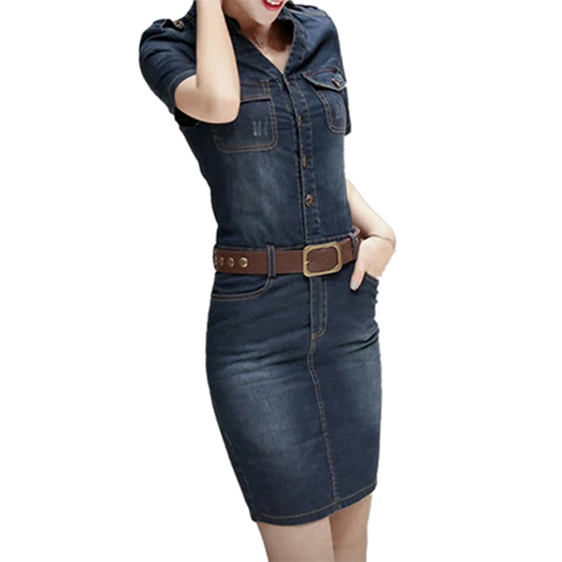 Женское джинсовое платье с v-образным вырезом и коротким рукавом однотонное