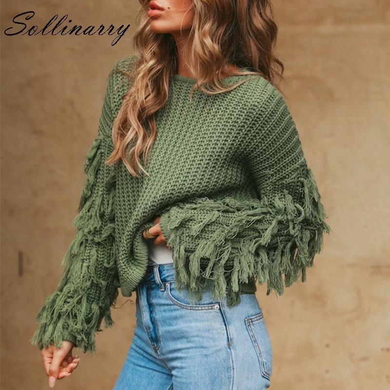 Sollinarry Light Pink Knit Sweater Women Solid Long Sleeve Tassel O Neck Pullover Casual Short Jumper Green | Женская одежда