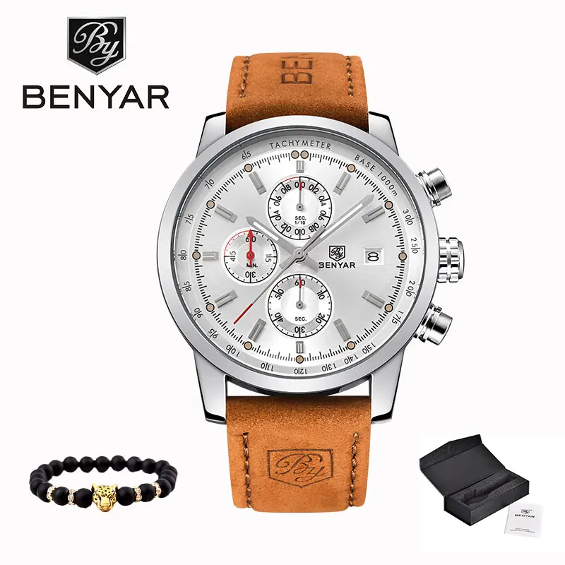 Silver-White L BENYAR мужские повседневные модные часы мужские спортивные часы роскошные кожаные водонепроницаемые противоударные кварцевые часы черные простые мужские часы - Цвет: Silver-White L