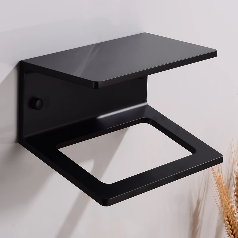 Держатель для полотенец с черным матовым кольцом и полкой алюминиевый держатель