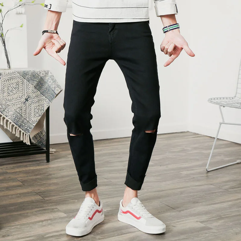 Летние мужские джинсы обтягивающие до щиколотки Ретро стиль потертые джинсовые