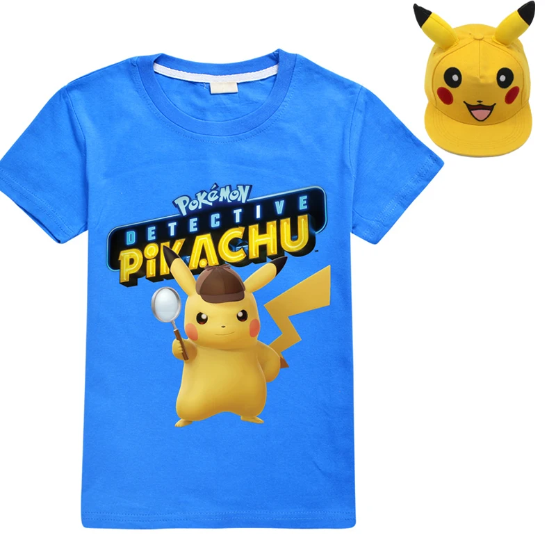Хлопковая футболка с покемонами для больших мальчиков + Кепка лета Детская 3D