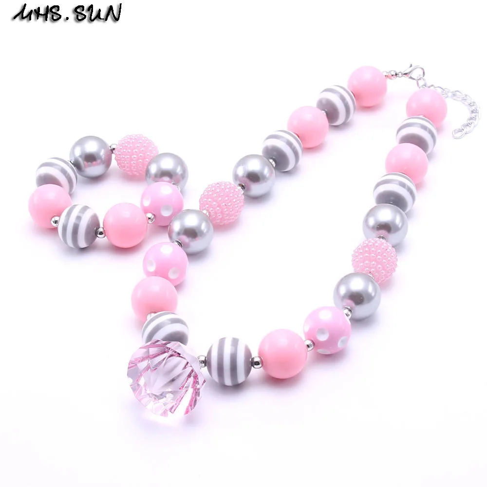 MHS.SUN Pink+Grey Color Kid Bubblegum Chunky Bead Necklace Girl Children Jewelry Set Headband Necklace&ampBracelet | Украшения и