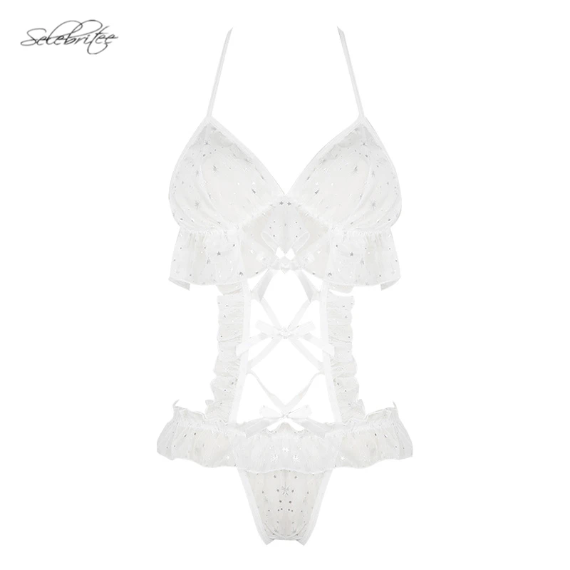 Selebritee Womens Sexy Bodysuit Dot Lace Teddies Babydoll Lingerie Backless Bodysuits Halter Teddy Exotic Costumes with Bow |