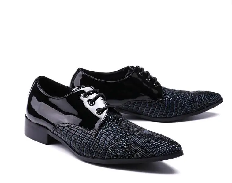 Lace-Up Med Heeled Men's Genuine Leather Dress Shoes Pointed-Toe Height Increasing Patchwork Stone Pattern Formal Brogue | Обувь