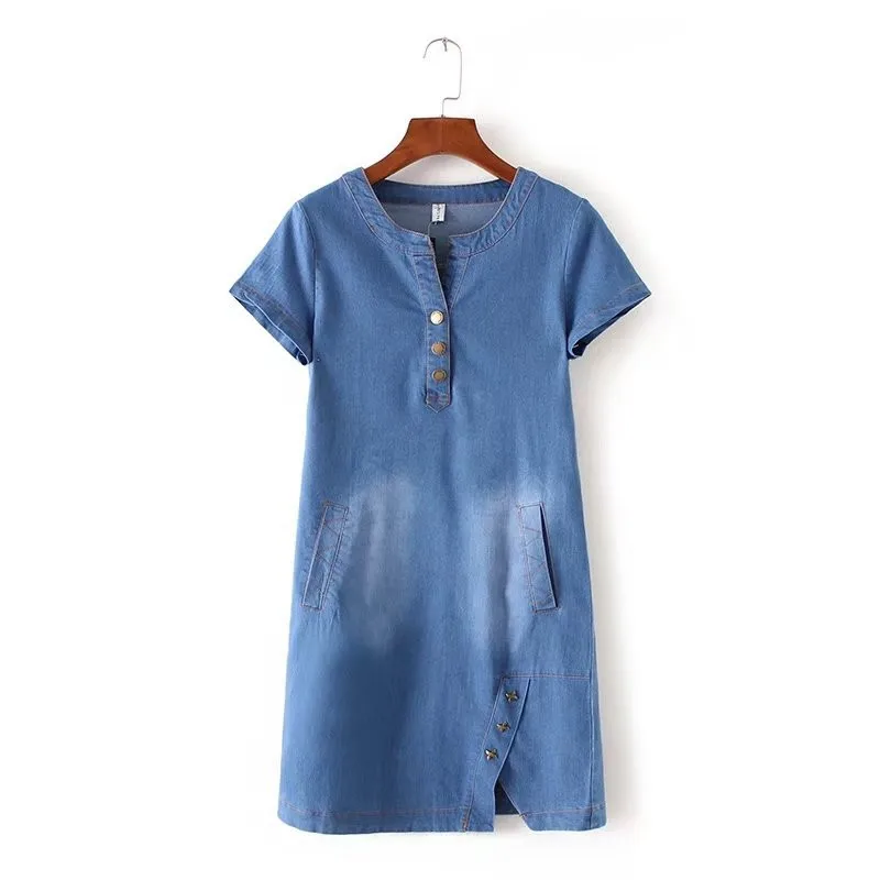 Summer Denim Dress Women 2019 New Fashion Round neck Short sleeve Jeans Dresses Plus size Female Loose A-Line N292 | Женская одежда