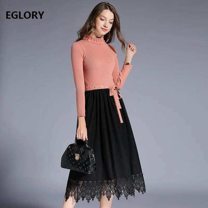 

High Quality Long Sweater Dress 2020 Spring Autumn Knitted Dress Women Black Lace Mesh Patchwork Long Sleeve Party Casual Dress