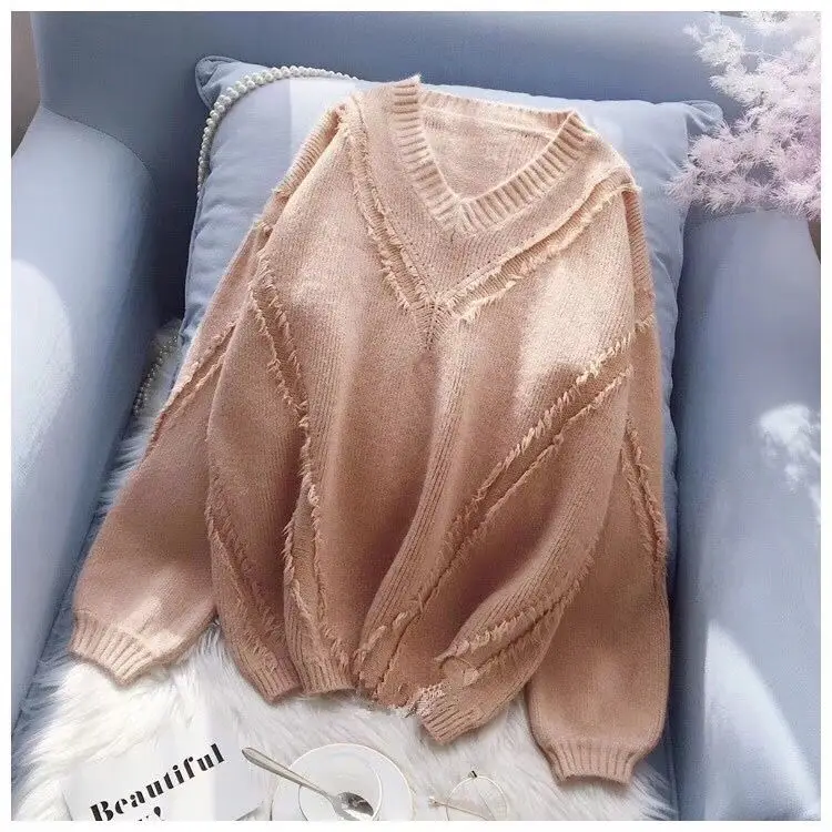 

Korean Style Women Knitted Sweater 2019 Autumn Winter Casual V Neck Tassel Oversized Pullover Pink Knitwear pull femme T333