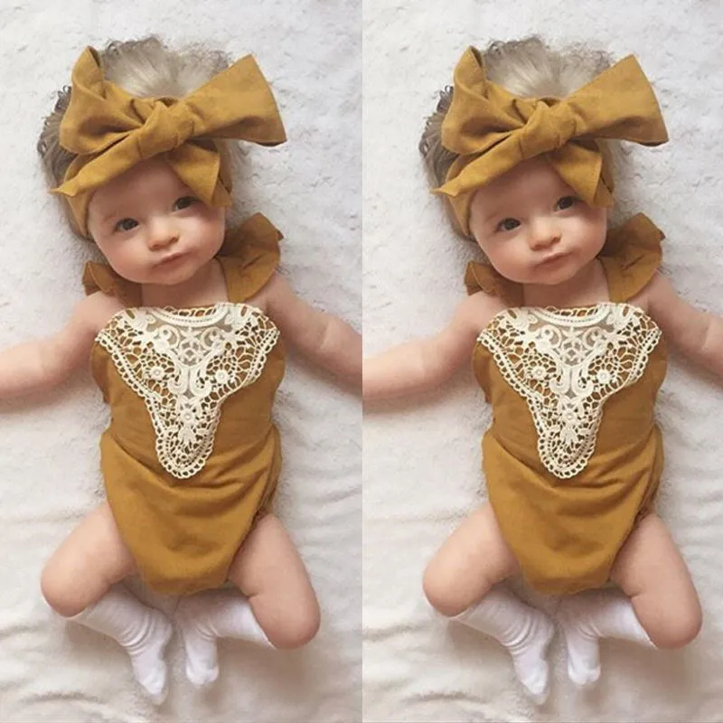 Новинка желтый комбинезон для маленьких девочек милый лоскутный кружевной