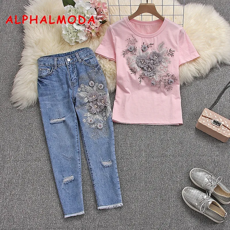 ALPHALMODA женские футболки с коротким рукавом джинсы тяжелая работа 3D Цветочные