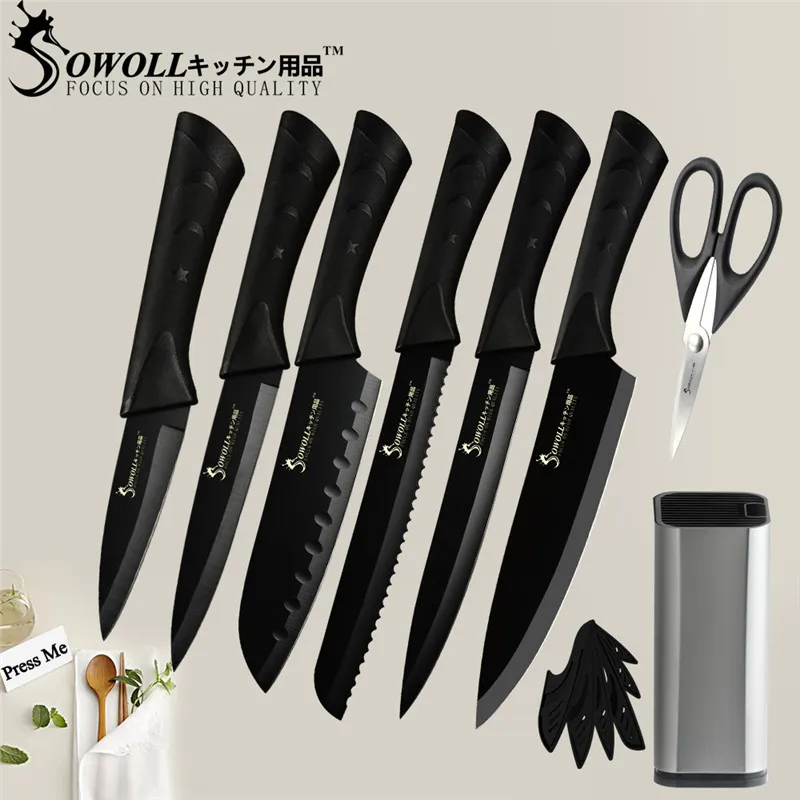 H.8 pcs set Sowoll Превосходное качество 7Cr17 набор кухонных ножей из нержавеющей стали ножницы Держатель ножей японские кухонные ножи инструменты 8 шт. набор - Цвет: H.8 pcs set