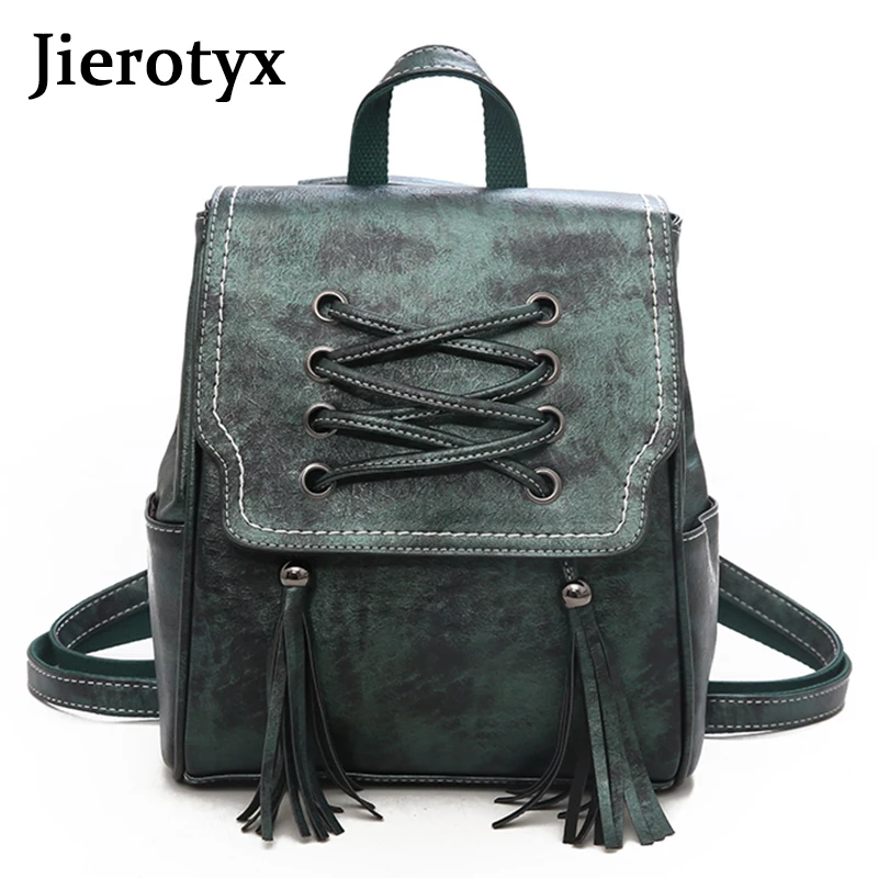 Модный женский рюкзак JIEROTYX черный кожаный с кисточками школьный для девочек