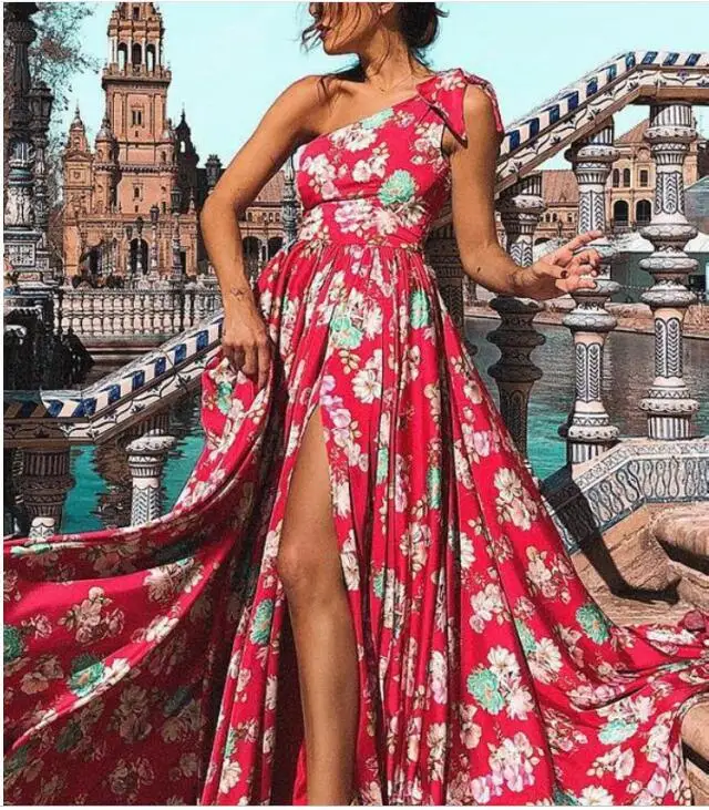 Summer Fashion Women Stylish Elegant Sexy Long Party Dress Sleeveless One Shoulder Bow Tie Printed Slit Tunic Maxi | Женская одежда
