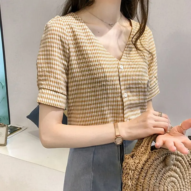 

Hot 2019 V Neck Women's Shirts blusas mujer de moda Female Blouse Shirt Short Sleeve Plaid Casual Blusa Feminina Lady Clothing