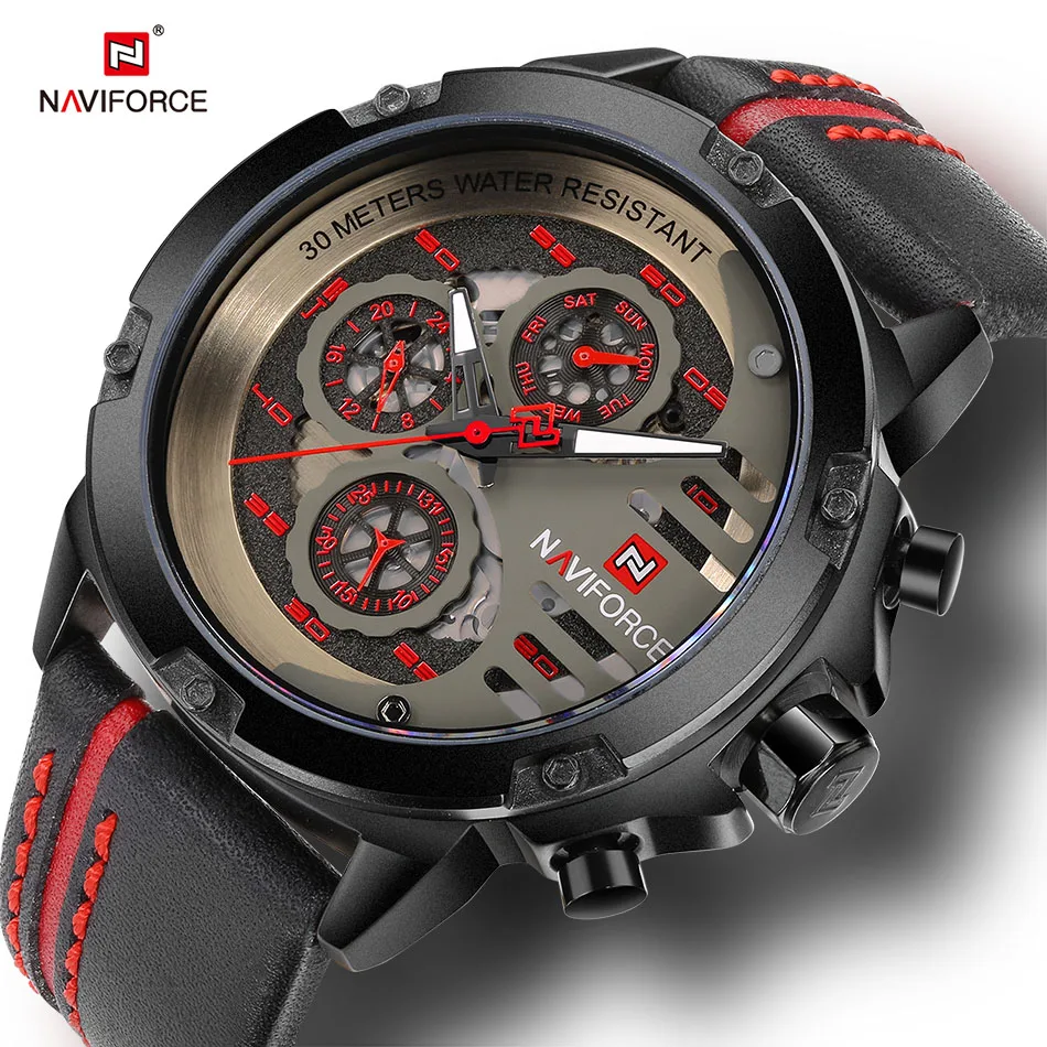 NAVIFORCE крутые мужские часы с датой и днём кожаные спортивные водонепроницаемые 2018