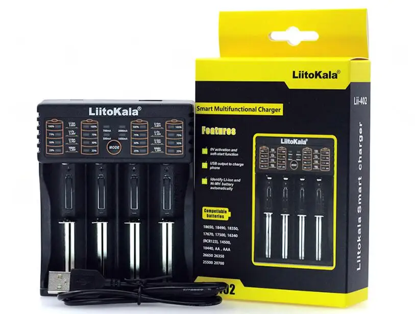 lii-402charger Умное устройство для зарядки никель-металлогидридных аккумуляторов от компании Liitokala: Lii-S2 Lii-402 18650 Зарядное устройство, Зарядка 18650 1,2 V 3,7 V 3,2 V 18350 26650 зарядное устройство для никель-металл-гидридных и литиевых Батарея Зарядное устройство - Цвет: lii-402charger