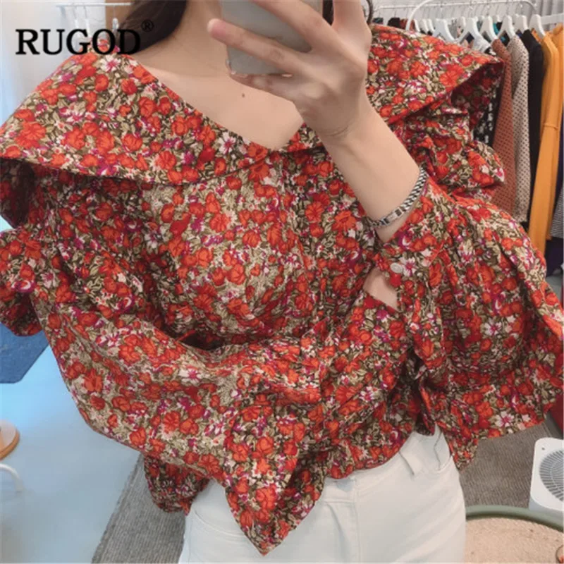 RUGOD 2019 Floral print women blouses v neck flare sleeves loose bohemian style sweet korean spring tops and |