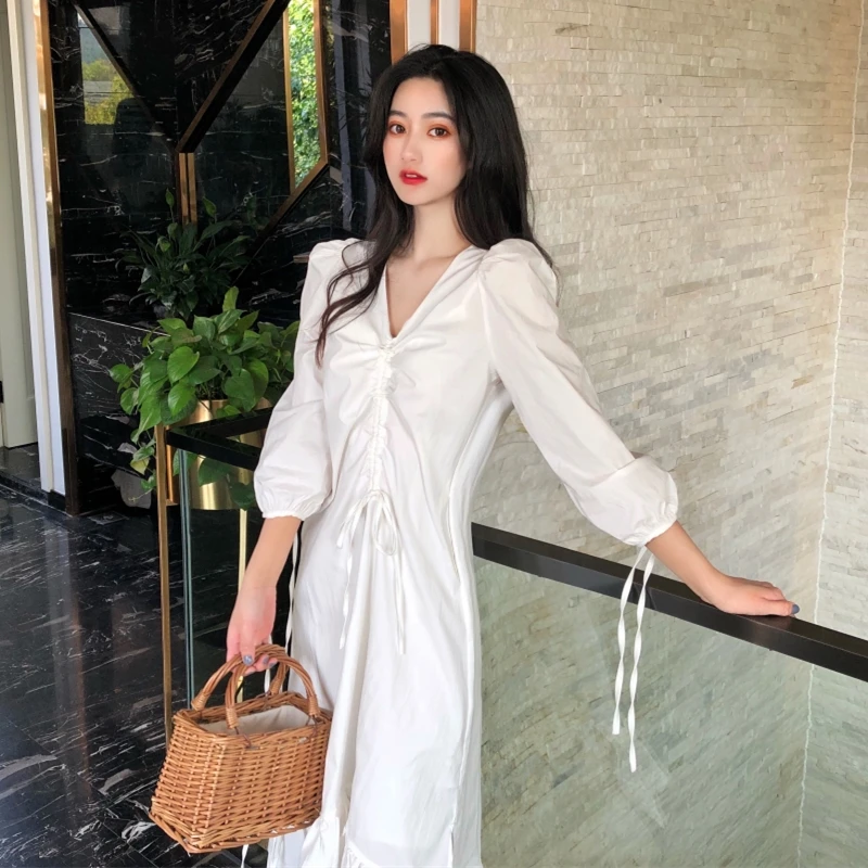 Корейские летние Для женщин одежда Цвет v-образным вырезом семиточечный рукав