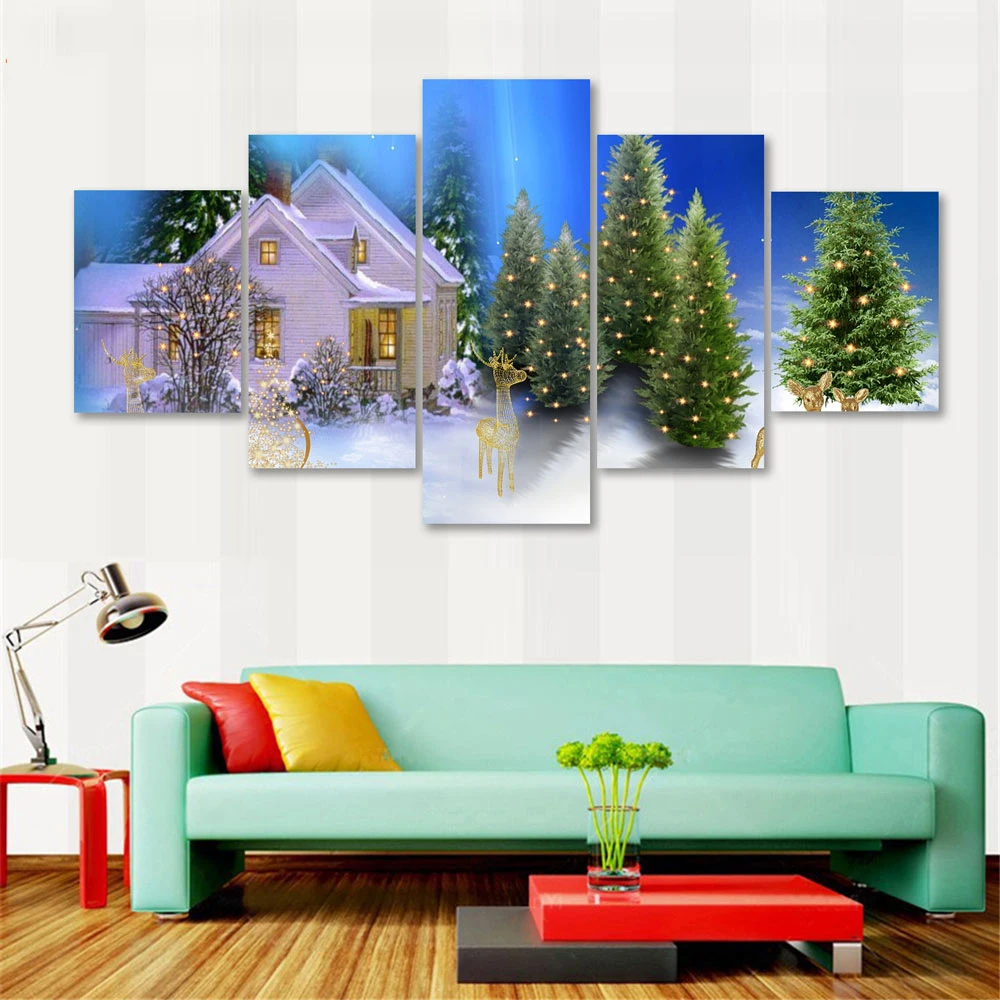 Картина на холсте новогодняя елка и снег 5 панелей|modern art|picture posterspainting modern |