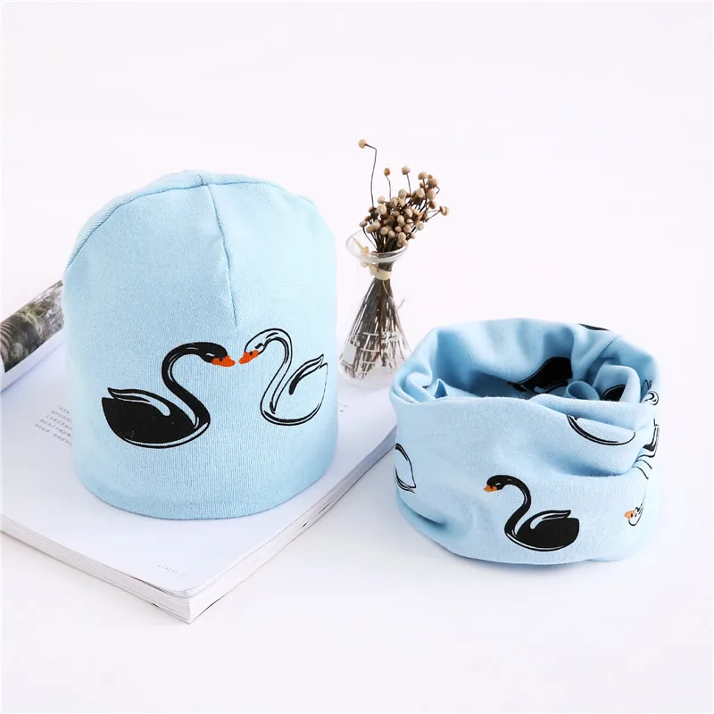 swan light blue Коллекция года, весенний комплект для девочек, шапка, шарф, теплый плюшевый Комплект для мальчиков и девочек, шапка с воротником, детский шарф, детская шапка, шапочки, хлопковая детская шляпа, шарф - Цвет: swan light blue