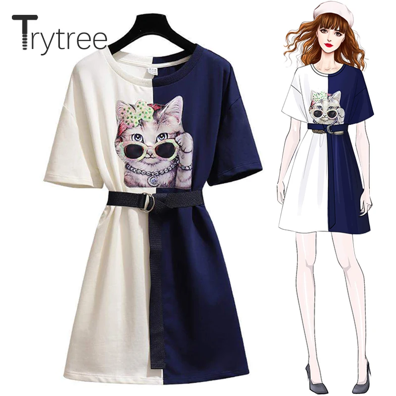 Trytree 2020 Summer Women Dress Casual Sequined Print Cat O-Neck Mini T shirt dresses Cotton Polyester Belt Loose Straight | Женская