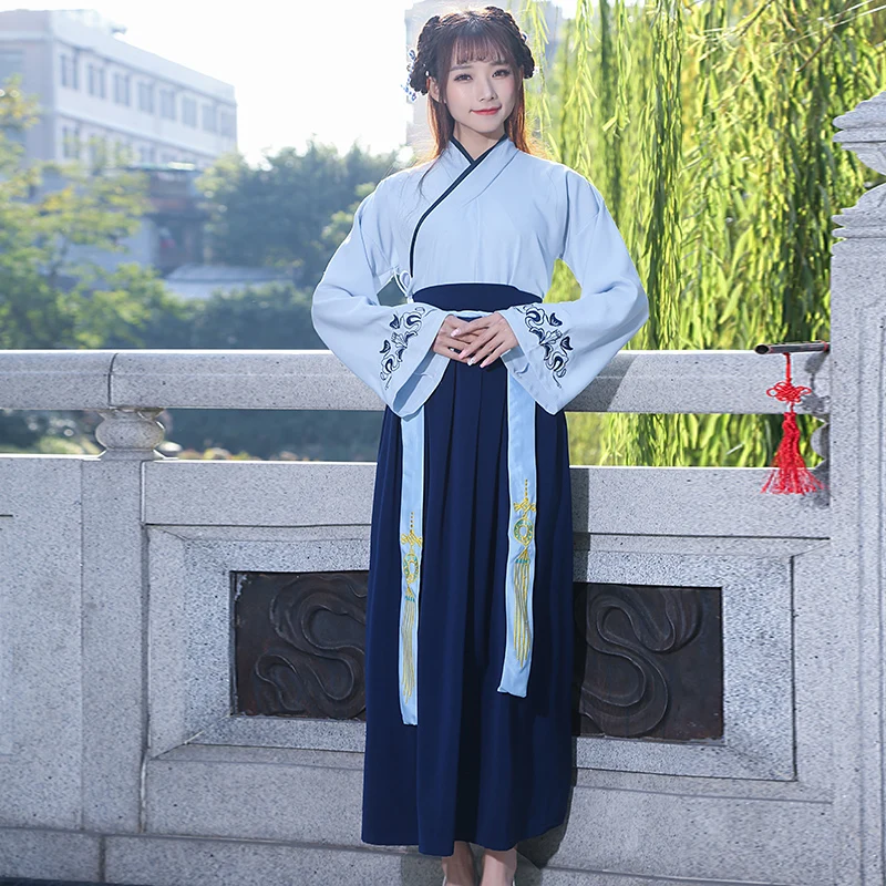 Hanfu костюм для китайских танцев для женщин и мужчин древнее народное платье Классический рыцарский костюм традиционный сценический наряд Одежда для сцены - Цвет: Blue Women