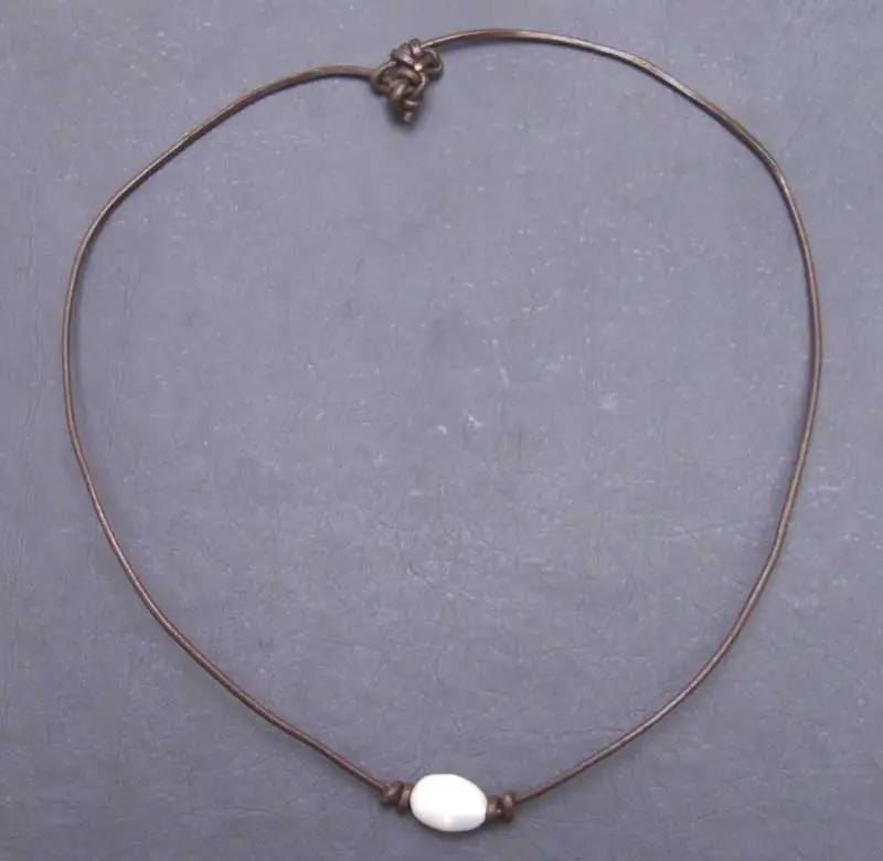 SALE Big 10-11mm White Rice Natural Freshwater Pearl Necklace 18&quot with brown Genuine Leather-5895 Wholesale/retail Free ship | Украшения
