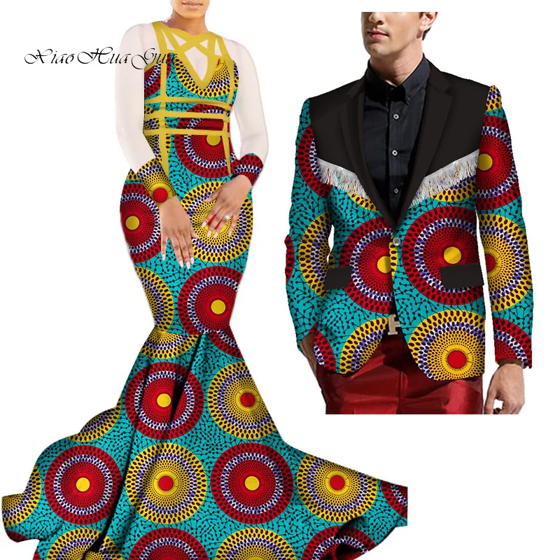 1 African Mermaid Bazin Riche Dresses for Couples Dashiki African Couple Clothing Women's Dress+Men's Blazer 2 Pieces Set WYQ275 - Color: 1